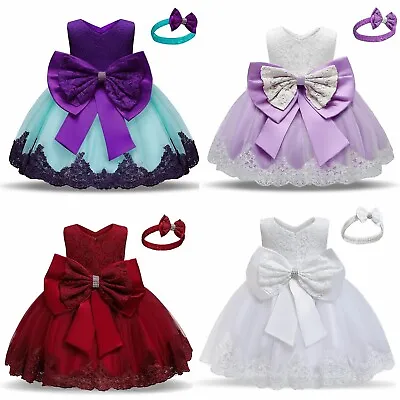 Girls Princess Bridesmaid Dress Baby Kids Party Lace Flowers Bow Wedding Dresses • £9.49