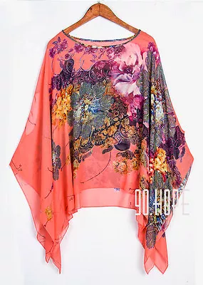 £10.79 • Buy Uk 16-22 Summer Ladies Semi Sheer Chiffon Batwing Sleeve Print Kaftan Tunic Tops