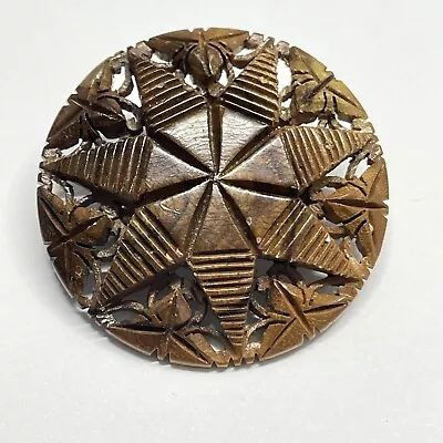 Vintage Carved Olive Wood 7 Point Star Heptagram Brooch Pin 2  Israel • $11.95