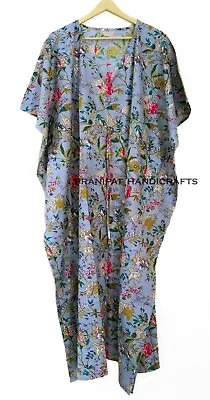 Indian Gray Long Floral Print Cotton Hippie Maxi Women Nightwear Caftan Dress • $23.99