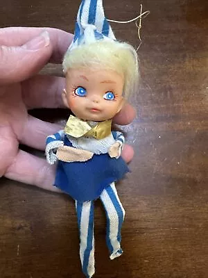 Vintage BLUE Christmas Pixie Elf  Ornament Blonde Hair Blue Eyes RARE Knee Hug • $30