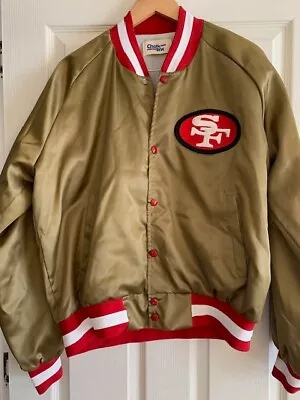 Vintage San Francisco 49ers Chalk Line Gold Satin Bomber Jacket Plain Back Sz XL • $179