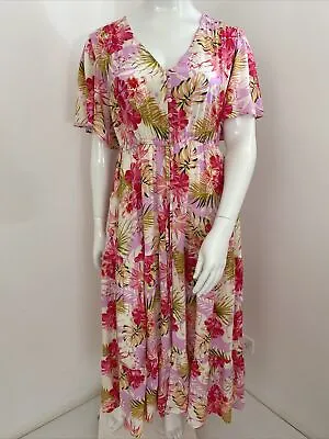 Avamia Ava & Mia 14-16 / XL Pink Floral Rayon Maxi Dress Drawstring Waist A Line • $39