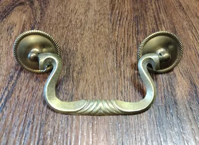Vintage Brass Cabinet Drawer Swan Neck Drop Bail Pull W/ Rosettes • $14.99