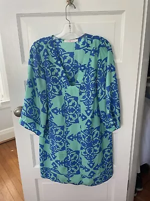 Alice & Trixie Turquoise/royal Print Silk 3/4 Sleeve Tunic Dress Size Medium • $64