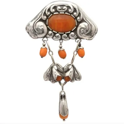 Natural Amber Antique Silver Brooch From Denmark1893-1937 Art Nouveau Big 32g • $1490