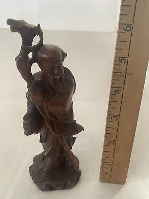 Hand Carved Oriental Man W/Large Cane-Solid Piece Of Wood-Nice Detail-White Eyes • $45