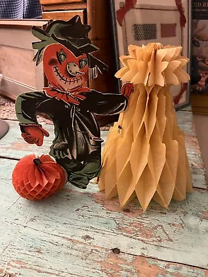 Vintage Halloween Accordion Crepe Paper USA Antique Scarecrow & Pumpkin • $24.99