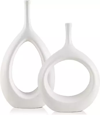 White Ceramic Vases Set Of 2 Hollow Flower Vase For Decor Modern Decorative Vase • $26.29