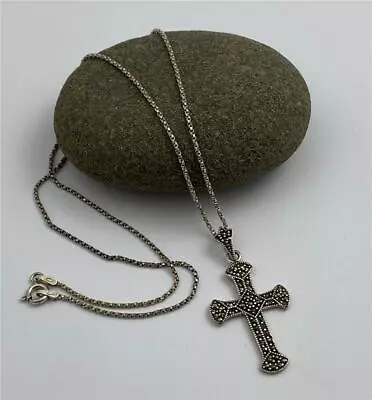 Vintage 925 Sterling Silver Marcasite Cross Pendant Chain Necklace 18  Long • $34