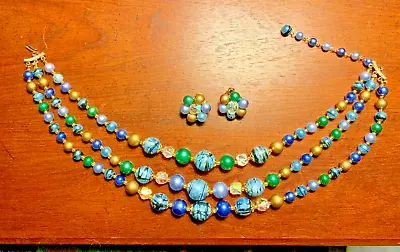 VINTAGE Set Of Necklace & Clip On Earrings Blue Green Turquoise Early 1950's • $10