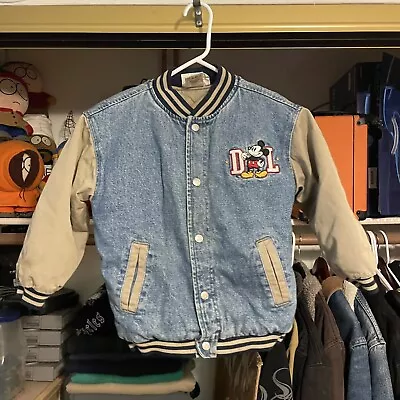 Vintage Disneyland Jacket Kids Large Mickey Mouse Denim Quilted Varsity Snap • $100