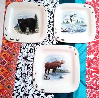 $30 • Buy Vintage NEW DEBCO Set Of 3 Wildlife Plates Wall Hangers Bear Moose Trout 8.25 