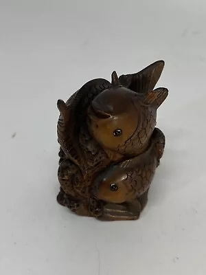 Japanese Wooden Hand Carved Goldfish/carp On Coral Netsuke Signed • £32.17