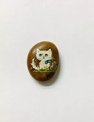 Vintage Hand-painted On River Rock White Fluffy Kitten Cat Miniature • $11.50