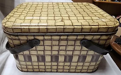 Vintage Brown Basket Weave Metal PICNIC TIN With Metal Handles • $33