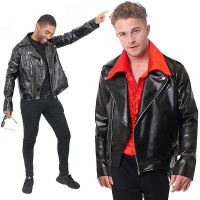 Adults Black Leather Jacket 1980s Biker Rocker Grease T-birds Film Fancy Dress • £21.99