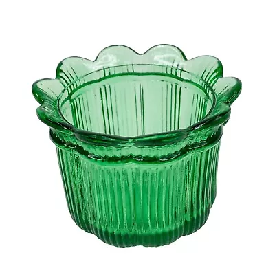 Vintage Avon Votive Candle Holder Cup Green Glass Ribbed Scalloped 2.25  Holiday • $12.95