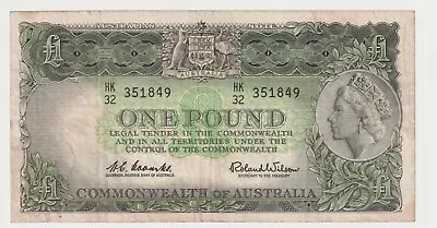 1961 Australia 1 Pound Banknote - Coombs / Wilson - R34 - Fine - # 31915 • $33