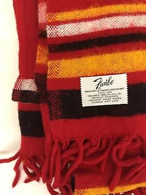 VTG FARIBO Pak A Blanket Red Yellow Black Plaid Fringed Stadium Blanket Aged • $40