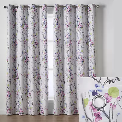 Eyelet 100% Blockout Ring Top Curtains Floral Curtain Pair Blossom Blackout • £36.99