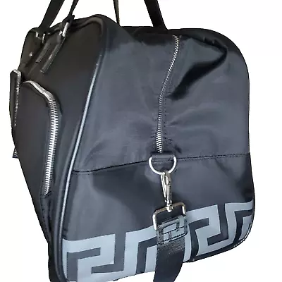 Versace Parfums Greca Duffle Weekender Large Black Overnight Bag Leather Handles • $75.99