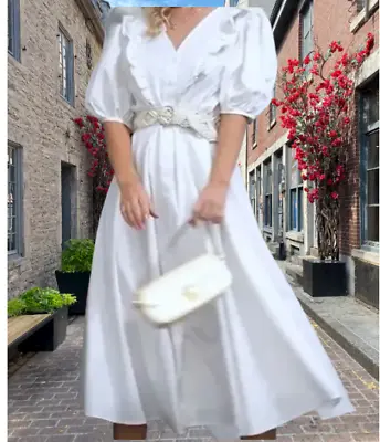 H&M Trend Conscious Midi Flounced Cotton Lyocell White Puff Sleeve Dress Sz M  • $55.99