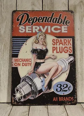 Sexy Pinup Girl Tin Metal Sign Vintage Style  Mechanic Garage Dependable Service • $10.97