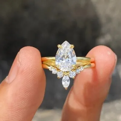 3.0ctw Pear Cut Matching Band Bridal Moissanite Ring Sets 14k Yellow Gold Plated • $125.99