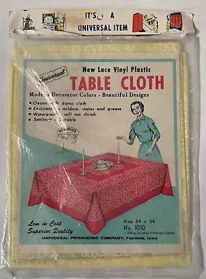 Vintage 1956 Mid Century MCM Laced Vinyl Table Cloth 54” X 54” New Sealed Yellow • $14.99