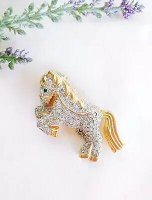 (W) Vintage Equestrian 3D Horse Pony Crystal Rhinestone Gold Silver Brooch Pin • $19.99
