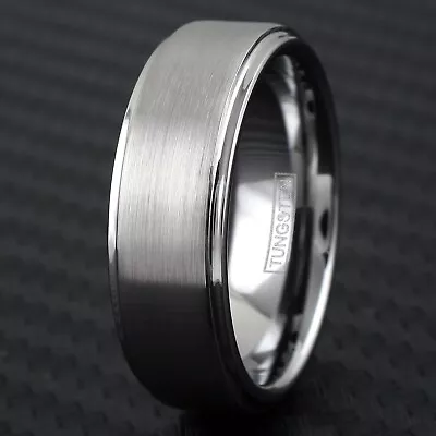 8mm Tungsten Men's Ring Brushed Center Step Edge Wedding Band • $14.99