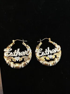 $179 Zales ESTHER Name STERLING SILVER 925 BAMBOO HOOP EARRINGS Gold Plate • $49.99