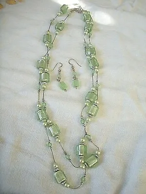 Vtg Long 46  Light Green Bead Necklace & Earrings Pierced  • $12.99