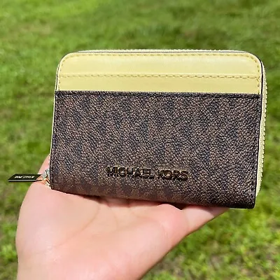 Michael Kors Jet Set Medium Zip Card Case Wallet Brown MK Buttercup Yellow • $55