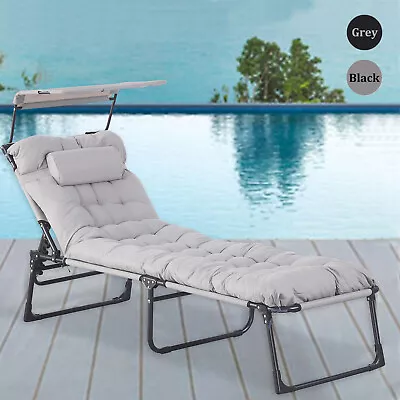 Sun Lounger Reclining Chair W/ Pillow&Cushion&Sunshade Recliner Garden Seat Bed • £16.99