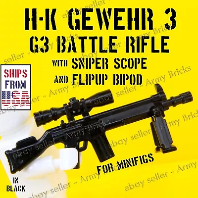 Gewehr 3 G3 Battle Rifle W Flip Bipod For Minifigs  • CUSTOM TOY Bricks • Black • $2.50