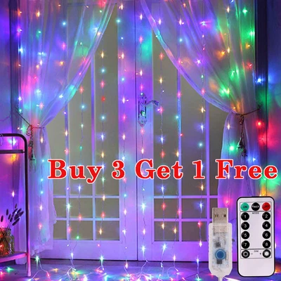 $11.99 • Buy 300 LED Curtain Fairy String Light USB Window Hanging Wedding Party Decor Lamps