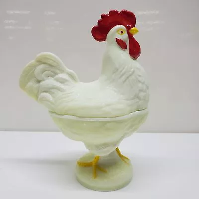 Vintage Custard Uranium Glass Chicken Rooster Dish / Trinket Box • $23