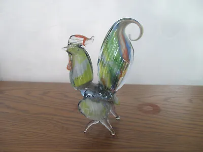 VTG MCM Murano Style Art Glass Hand Blown Rooster Chicken Rainbow Figurine • $20