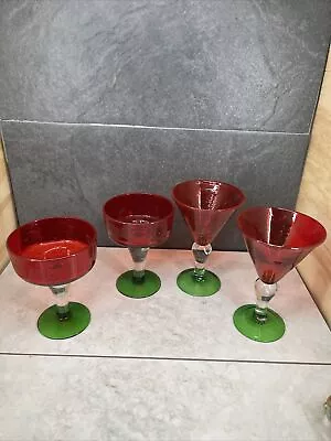 Vintage Handblown Red Clear & Green Stemmed Glass Martini & Margarita Glasses • $14.99