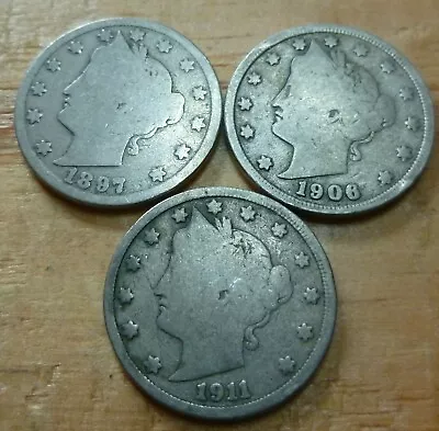 Three Liberty Head V Nickels Assorted Dates  1897 To 1912  M10#3LH Free Shipping • $6.99