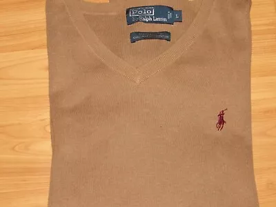 RALPH LAUREN POLO Sweater Mens Large Light Brown Cotton V Neck Burgundy Pony • $16.99