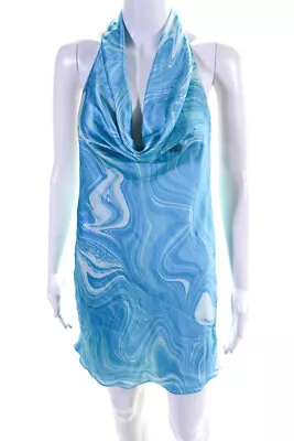 Amanda Uprichard Womens Abstract Halter Top Cowl Neck Short Dress Blue Size S • $40.81