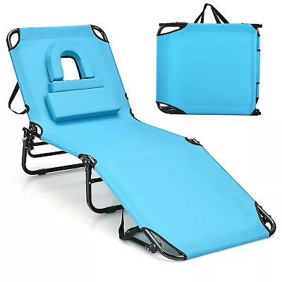 Beach Chaise Lounge Chair W/ 5-Position Adjustable Backrest & Face Hole Pillows • $77.99