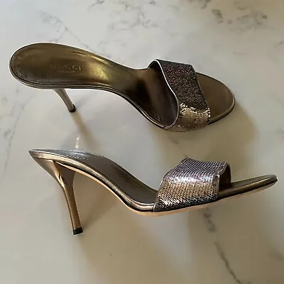Gucci Shoes 39 Gold Sequins Nappa Silk Sasso Slides Mules - Size 39 • $375