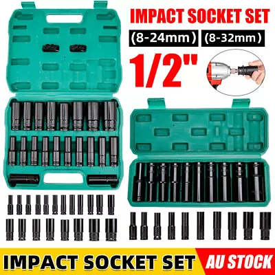 $18.85 • Buy 10/20pcs 1/2  Drive Deep Impact Socket Set CR-V Steel Metric Sockets Long 8-32MM