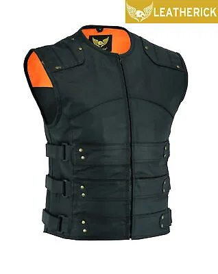 Men's Gladiator SWAT Leather Motorcycle Club Style Vest With Dual Gun Pockets • $54.99