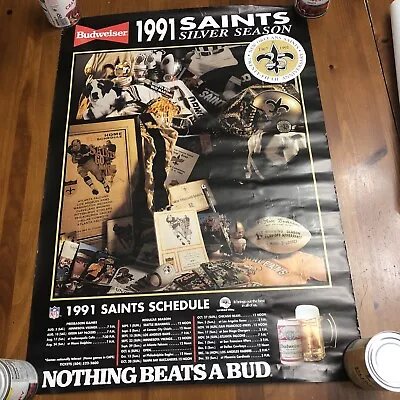 VINTAGE 1991 NEW ORLEANS SAINTS SCHEDULE POSTER Silver Season Budweiser 21 X 30 • $20