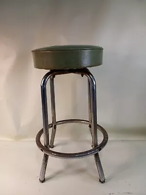 Vintage Mid-Century Industrial Stool Leather Wood Steel Distressed  • $110